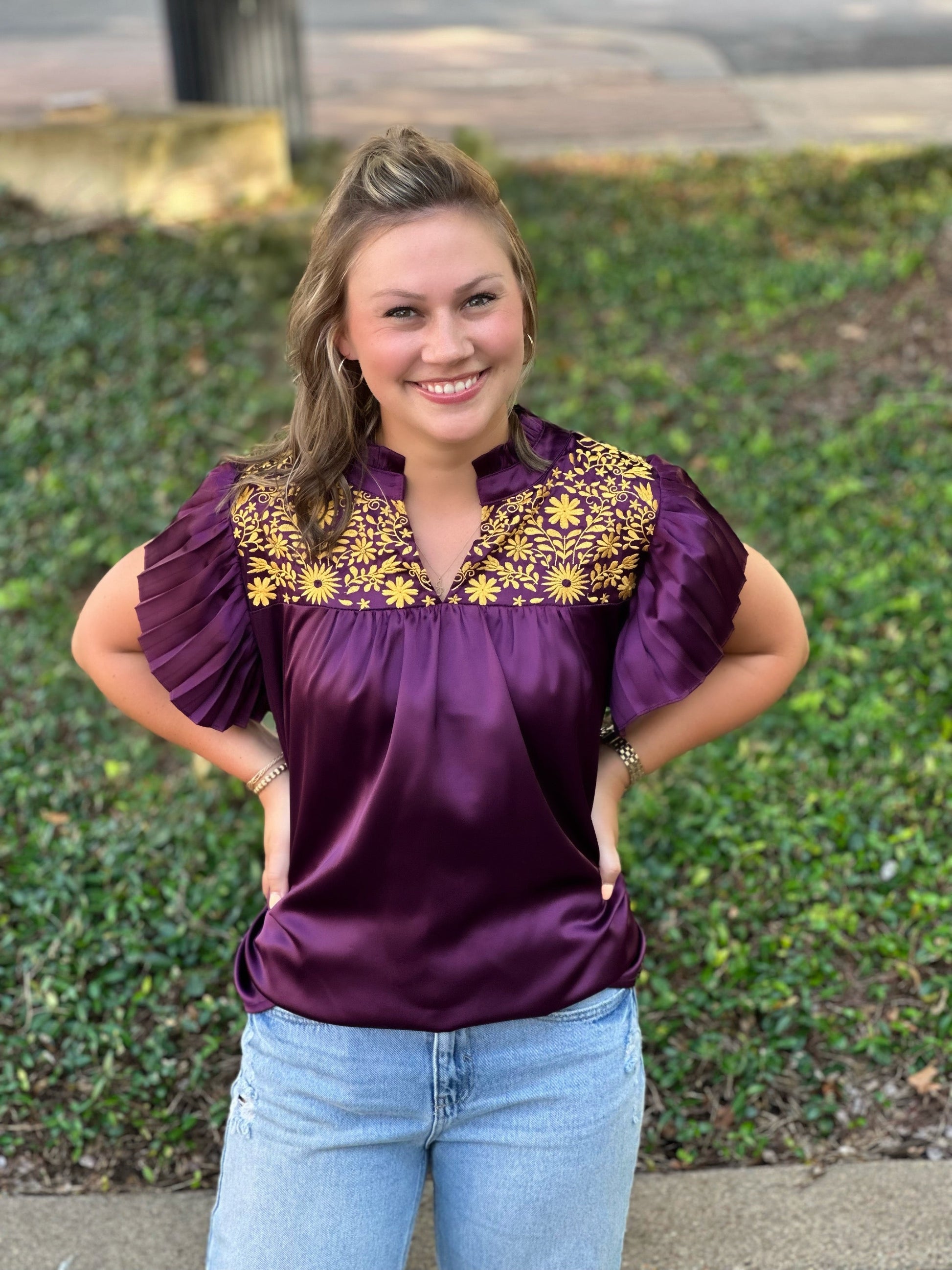 Hey LSU Fans, the Breck Top by Washco Apparel is fun, soft and silky! We love the pop of beautiful gold embroidery design on the front and that it is part of our Game Day Collection!