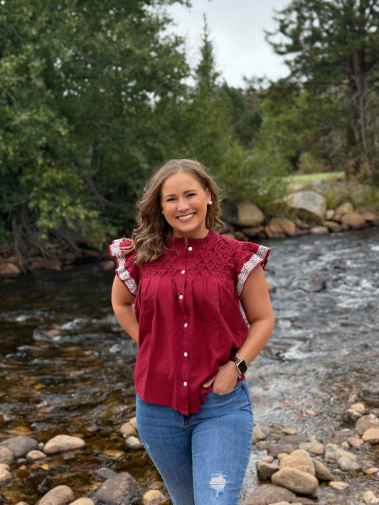 Maroon and White top with smocked and embroidery detail by Washco Apparel