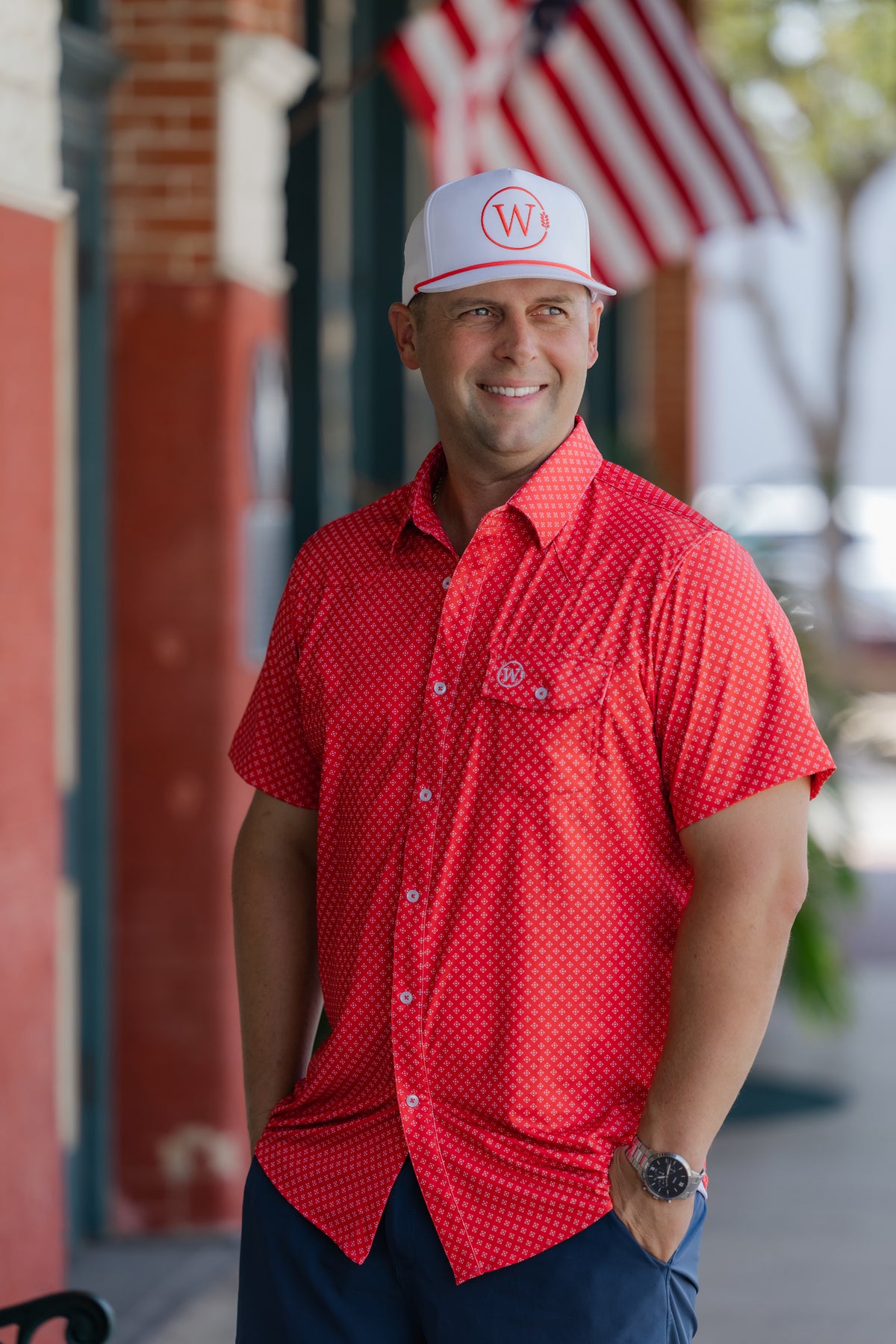 Red top with white detail - The Kenny Button Down - Washco Apparel