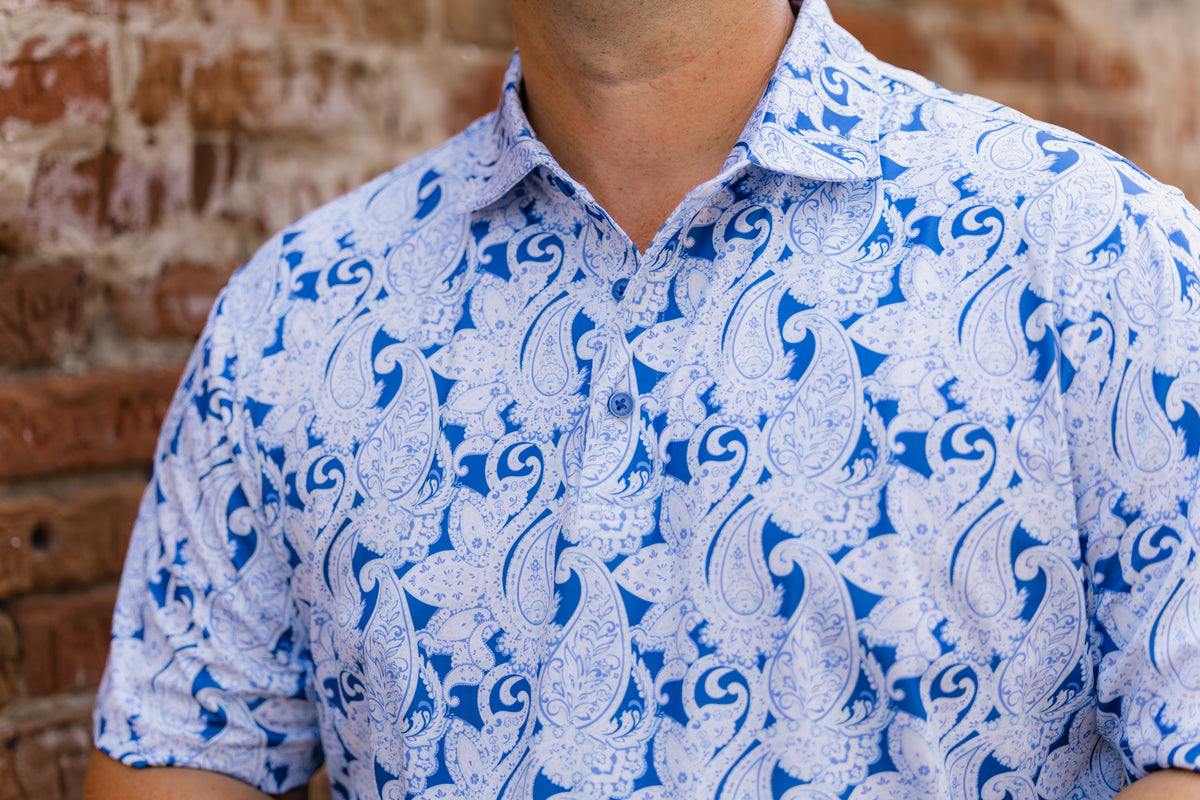 The Tucker Polo - Washco Apparel - details of blue and white paisley print
