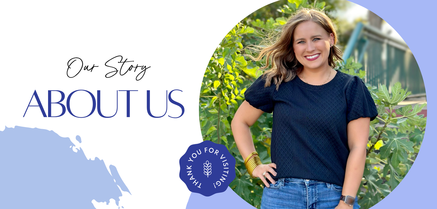 Woman in a garden with text 'Our Story ABOUT US' and a logo on a blue background - Washco Apparel