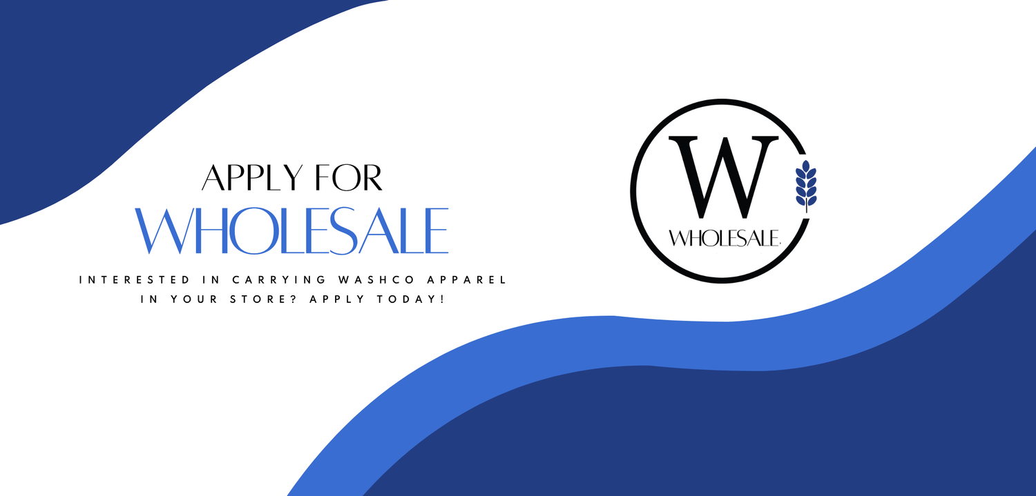 Promotional banner for WHOLESALE with a blue and white design and call to action text. - Washco Apparel