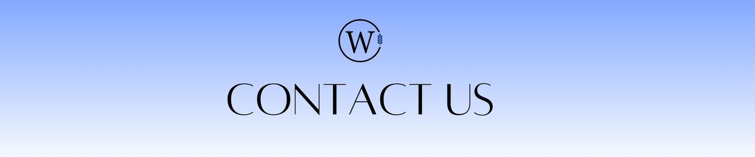 Contact us text on a blue background with a logo - Washco Apparel