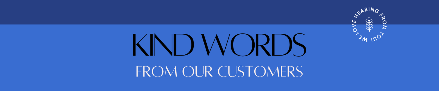 Blue banner with 'Kind Words from Our Customers' text and a logo on a blue background - Washco Apparel