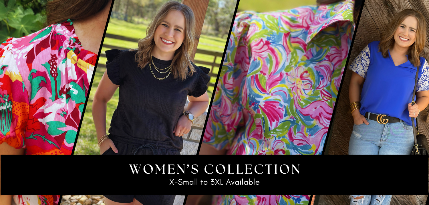 Collage of women wearing colorful clothing with a fabric swatch, featuring 'Women's Collection' text - Washco Apparel